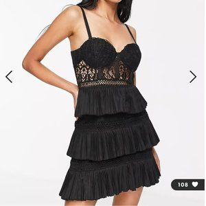 ASOS DESIGN lace corset mini dress with tiered pleated skirt, black, Size US 12